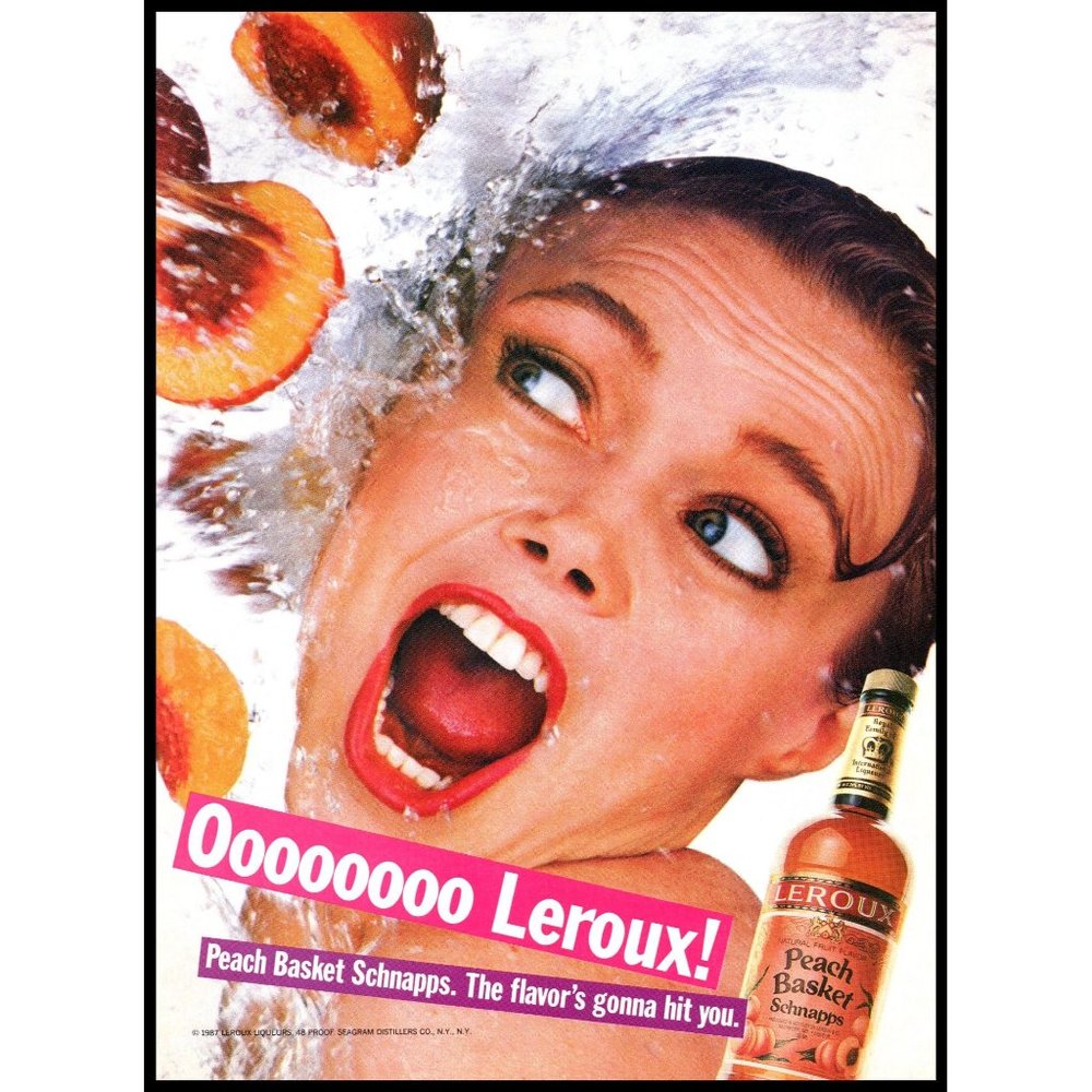 1987 Leroux Peach Basket Schnapps Vintage Print Ad Water Splash Face Wall Art